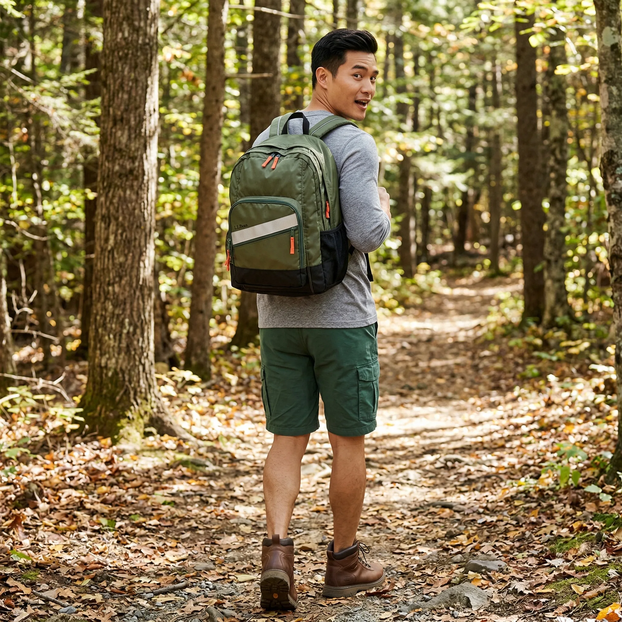 Olive Green Nylon Backpack — AI product photography — Studio & Lifestyle view 1
