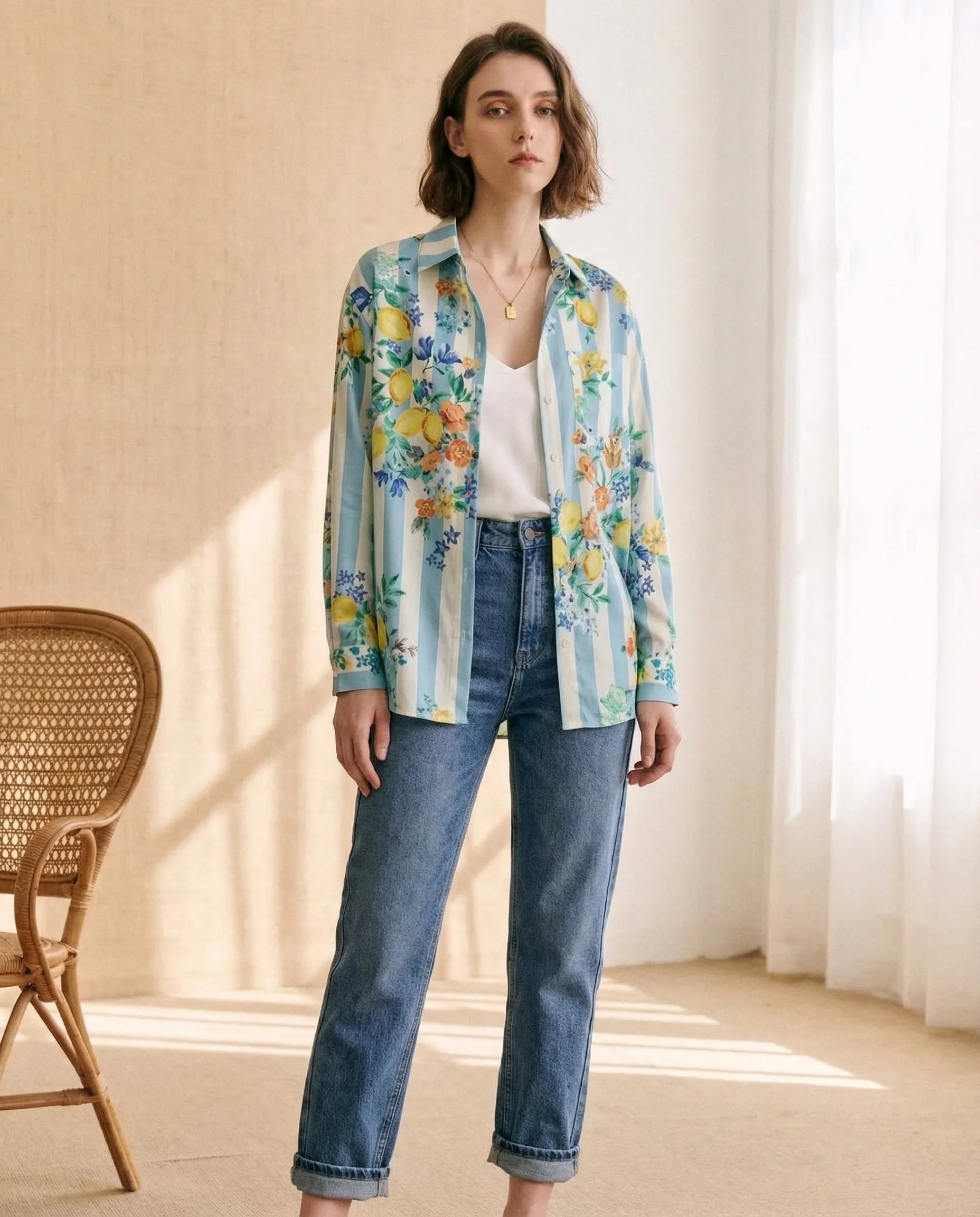 Floral Stripe Button Shirt — AI fashion model photography — Indoor scene 1