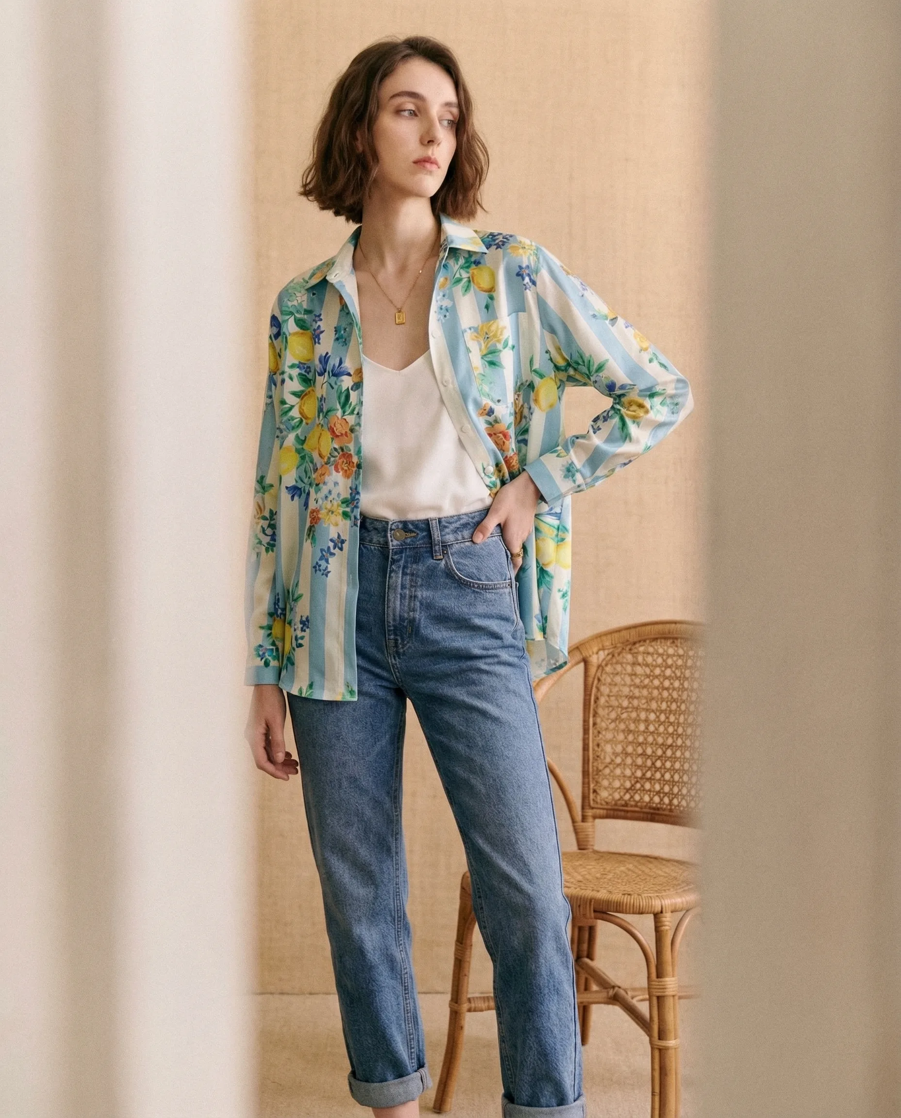 Floral Stripe Button Shirt — AI fashion model photography — Indoor scene 2
