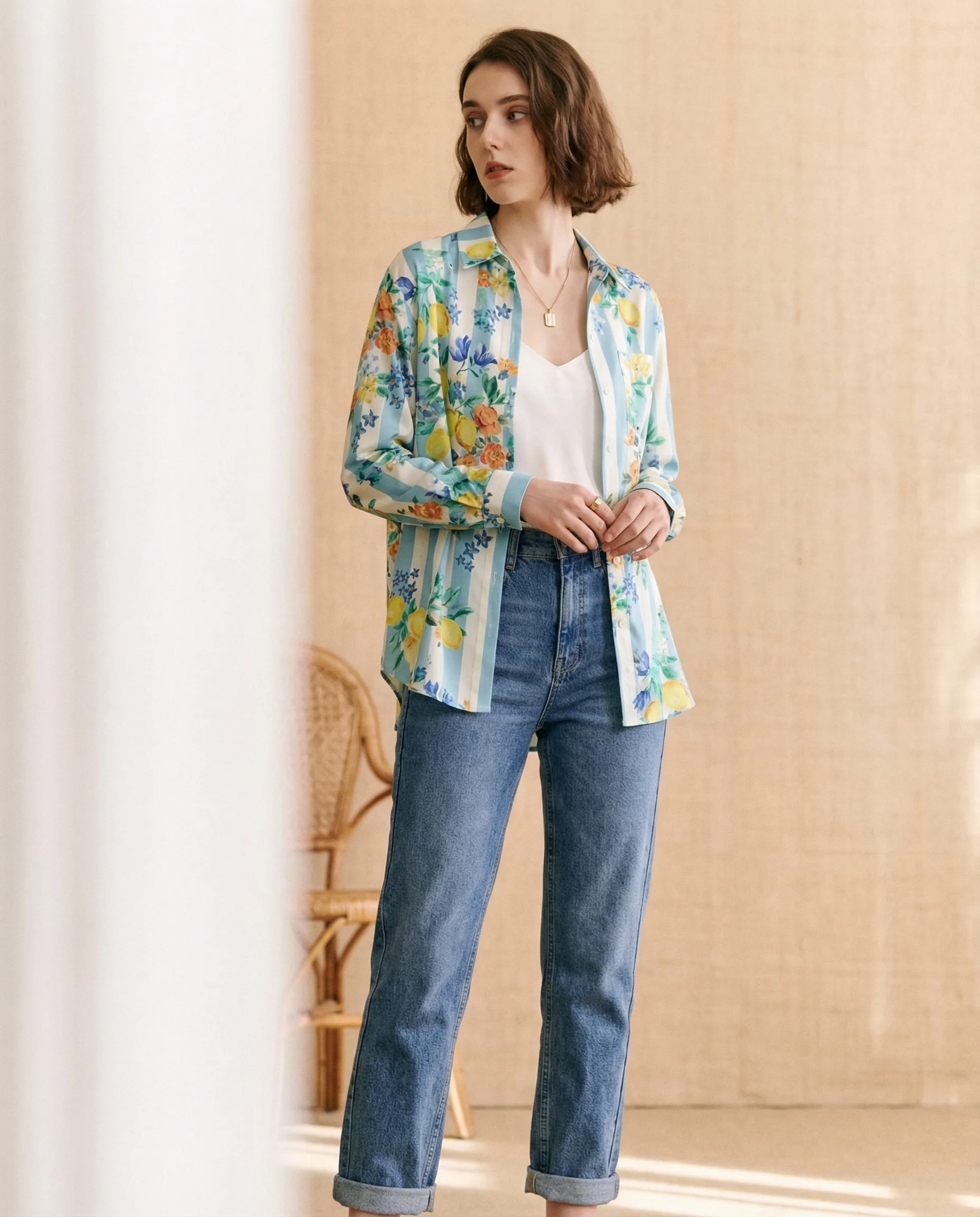 Floral Stripe Button Shirt — AI fashion model photography — Indoor scene 4